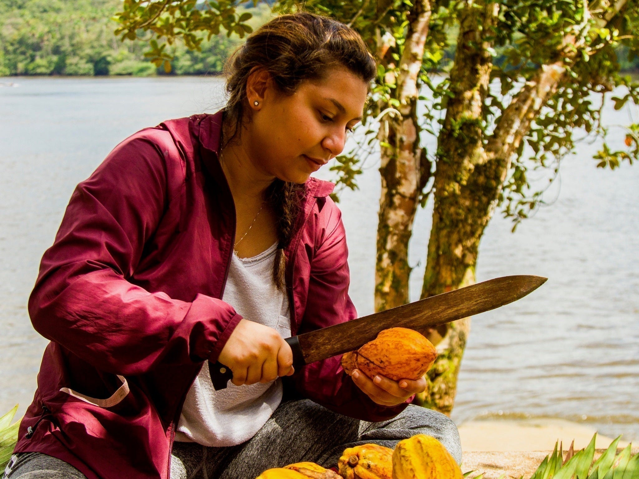 Luisa Abram cracks cacao with a machete